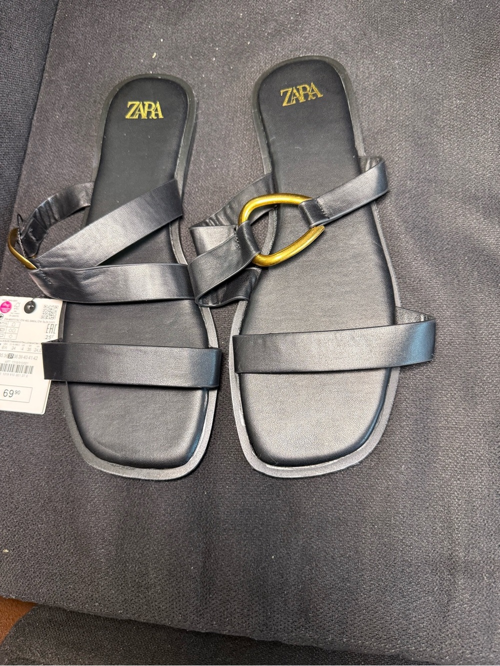 Zara Black Slide Sandals with Gold Oval Ring